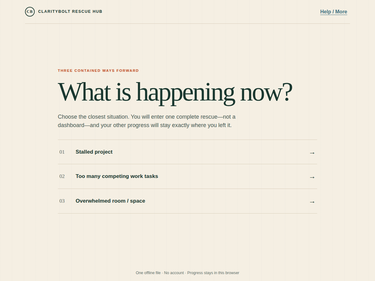 Real ClarityBolt Rescue Hub home screen with Restart, Workday and One-Room rescue choices