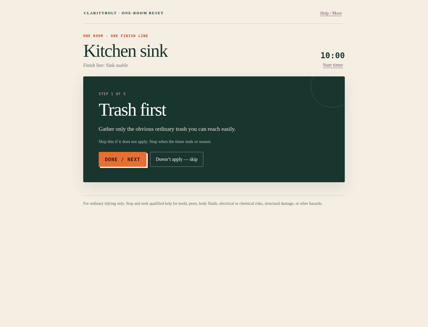Real One-Room Reset screen showing an ordinary next tidying action and timer