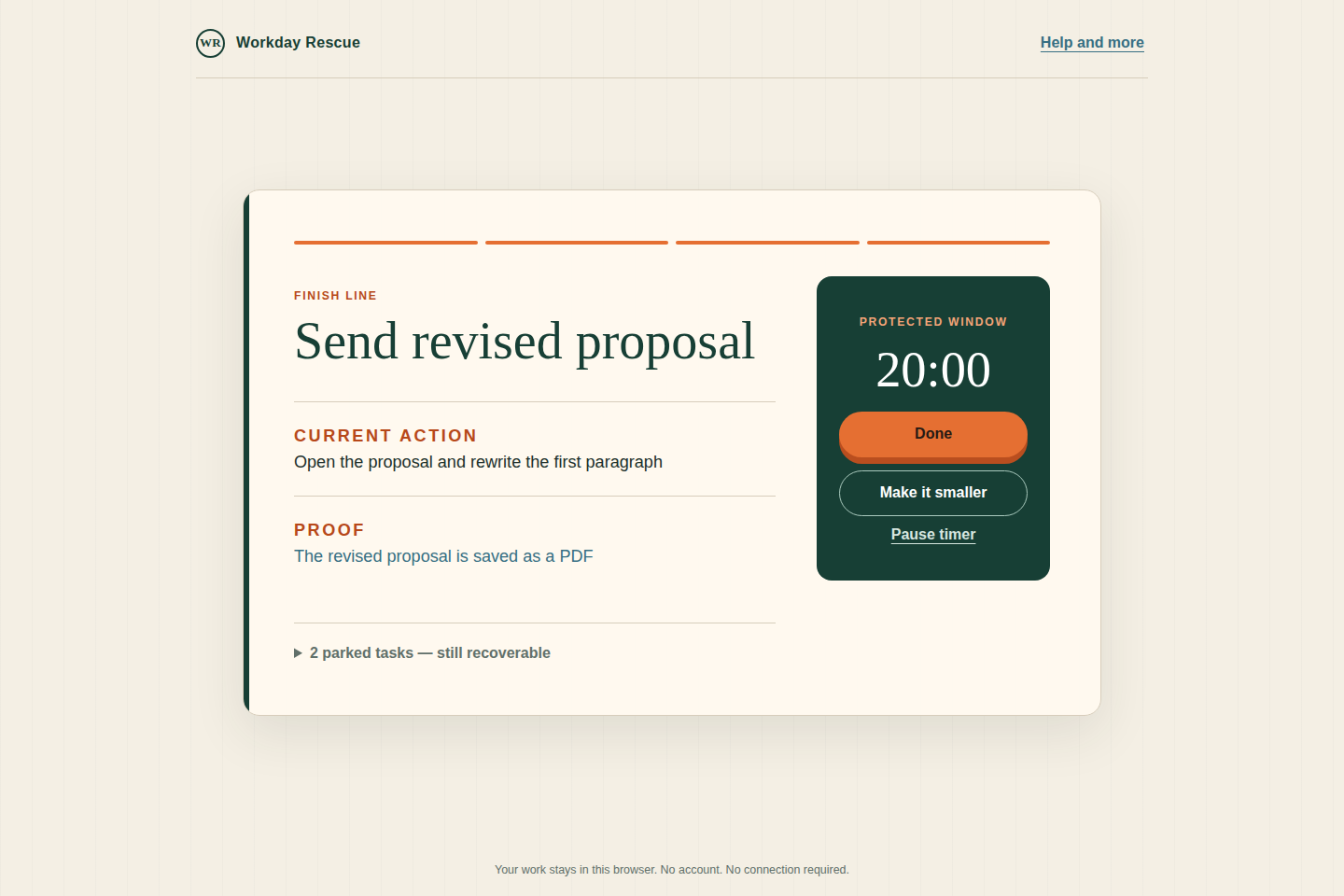 Real Workday Rescue action screen with a finish line, proof target and protected timer